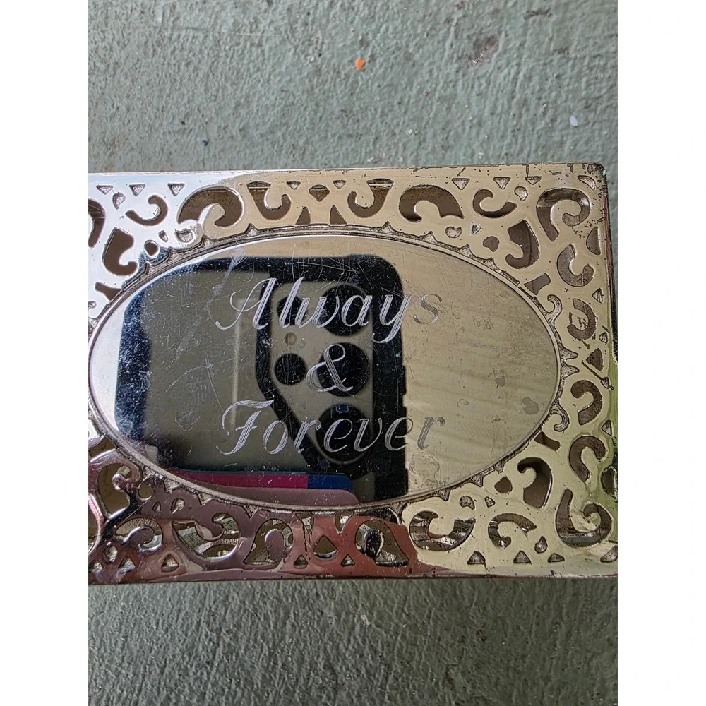 Always & Forever Silver‎ Tone Filigree Jewelry Trinket Box Faux Pearl Accent Z2